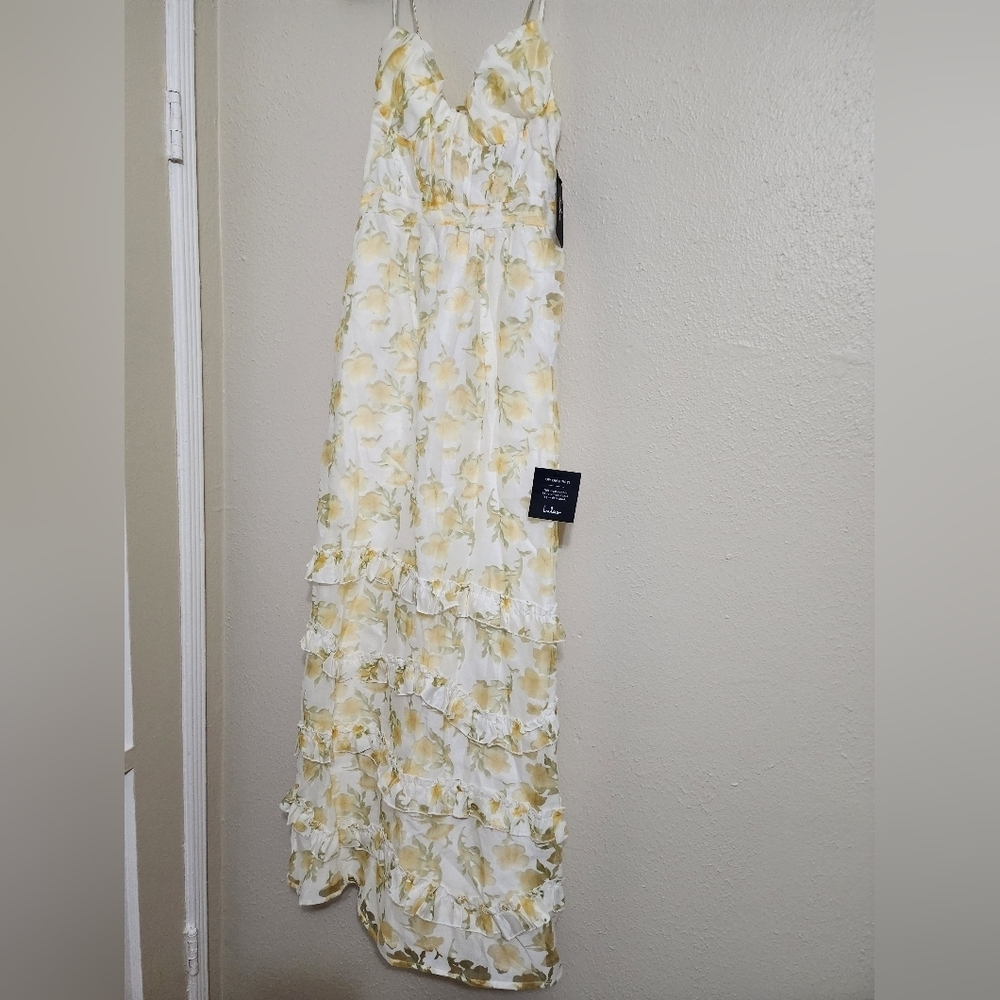 Lulus Gorgeous Occasion Cream Floral Burnout Lace-Up Tiered Maxi Dress M Wedding - Picture 7 of 13